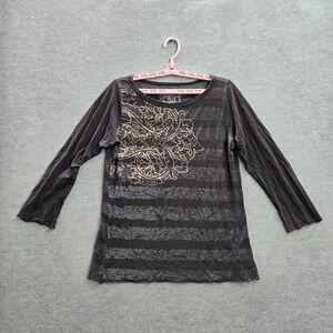 Drifter Women Top Large Gray Striped Shirt Grunge‎ Y2K Floral 3/4 Sleeve